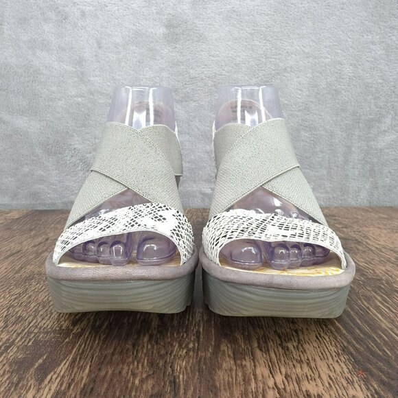 Fly London Yaji Wedges Sandals 38 7 Grey Cream Snakeskin Cross Strappy Leather - Picture 4 of 14